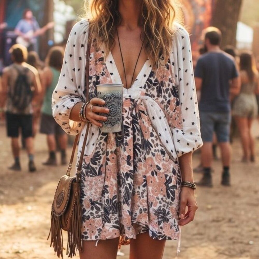 Free People Medium Mixed Print Floral Geometric Deep V Babydoll Tunic Dress M